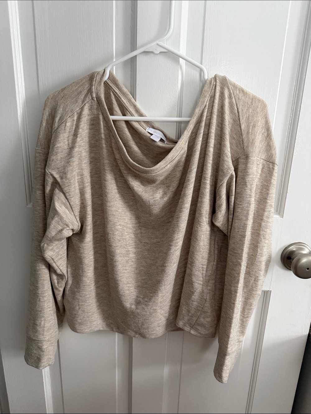 Beyond Yoga Draped Cowl-Neck Sweater in Light Beige